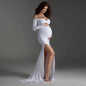Maternity clothes-One-shoulder V-neck hem slit trailing tail dress - Hiccupzz
