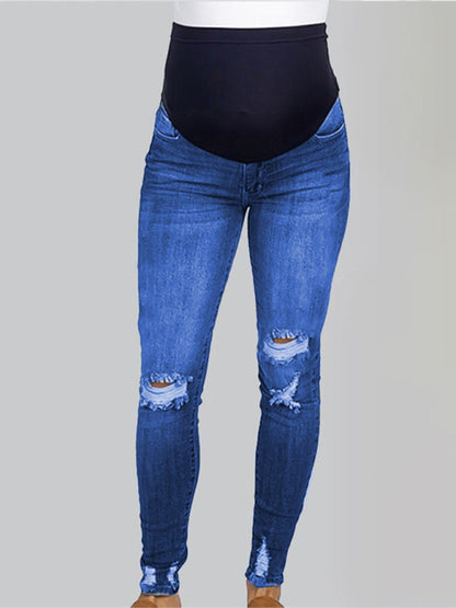 Maternity solid color belly support casual jeans - Hiccupzz
