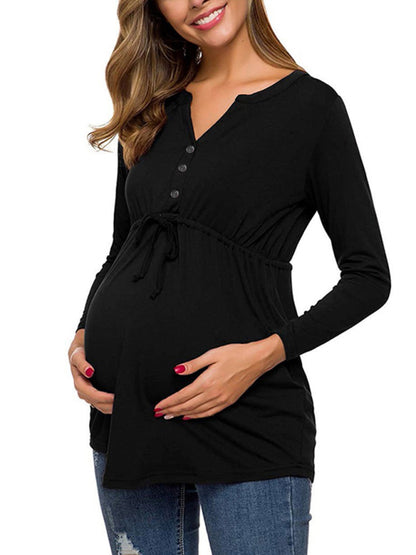 Maternity solid color drawstring button half cardigan long-sleeve T-shirt - Hiccupzz