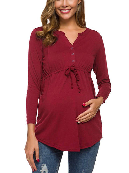 Maternity solid color drawstring button half cardigan long-sleeve T-shirt - Hiccupzz