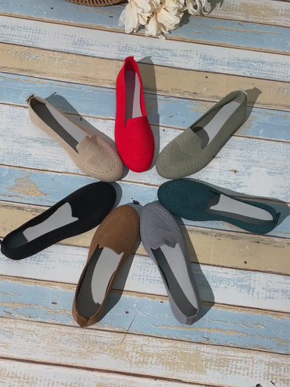 Women's Black Slip-On Flats - Breathable Knitted Round Toe Non-Slip Casual Lightweight Walking Shoes