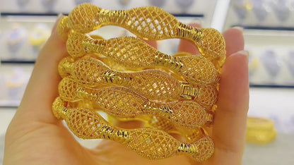 Women Charm Bracelet Bangle, 24K Gold Color Jewelry, Dubai Flower Bangle Brand, African Designer Ethiopian Hawaiian Jewelry
