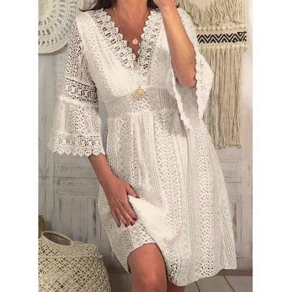 Decorative Border Lace Dress V Neck - Hiccupzz