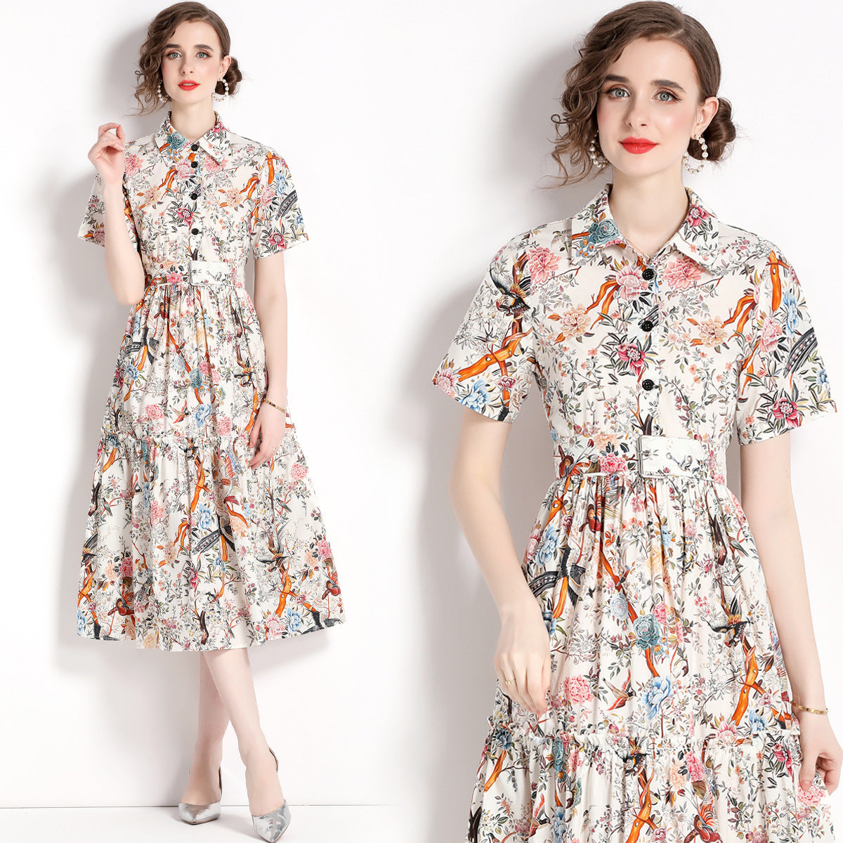 Singing Birds And Flowers Print Fashion Ladies Dress - Hiccupzz