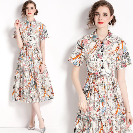 Singing Birds And Flowers Print Fashion Ladies Dress