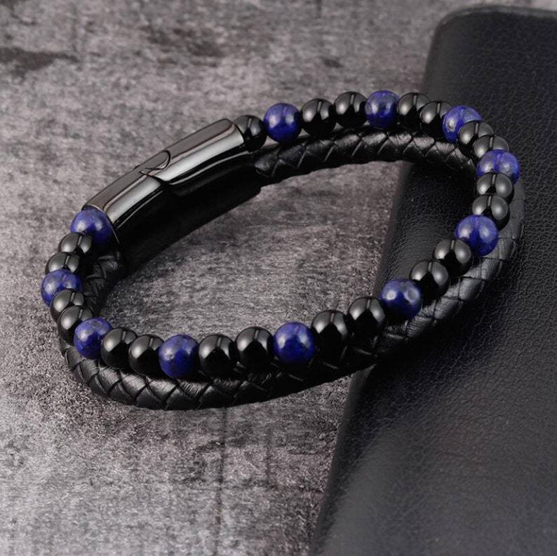 6mm Volcanic Natural Stone Tigereye Beaded Bracelet Men Cowhide String Bracelets