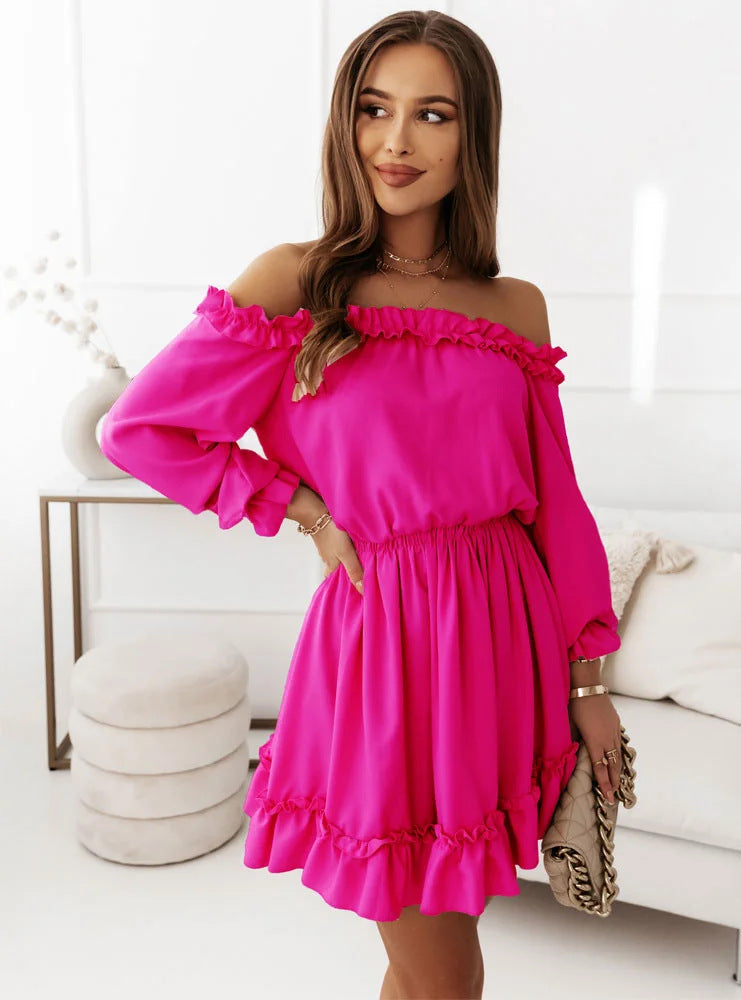 New Women's Fashion Casual Solid Color Off-shoulder Waist Dress - Hiccupzz