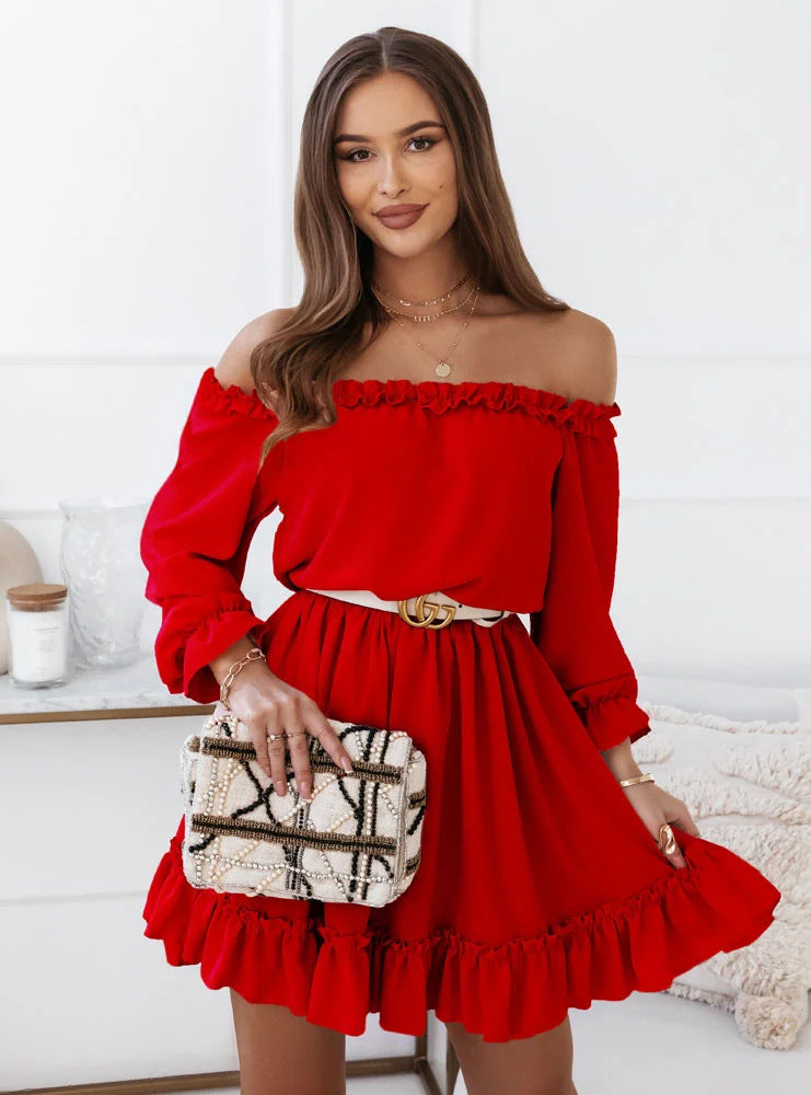 New Women's Fashion Casual Solid Color Off-shoulder Waist Dress - Hiccupzz