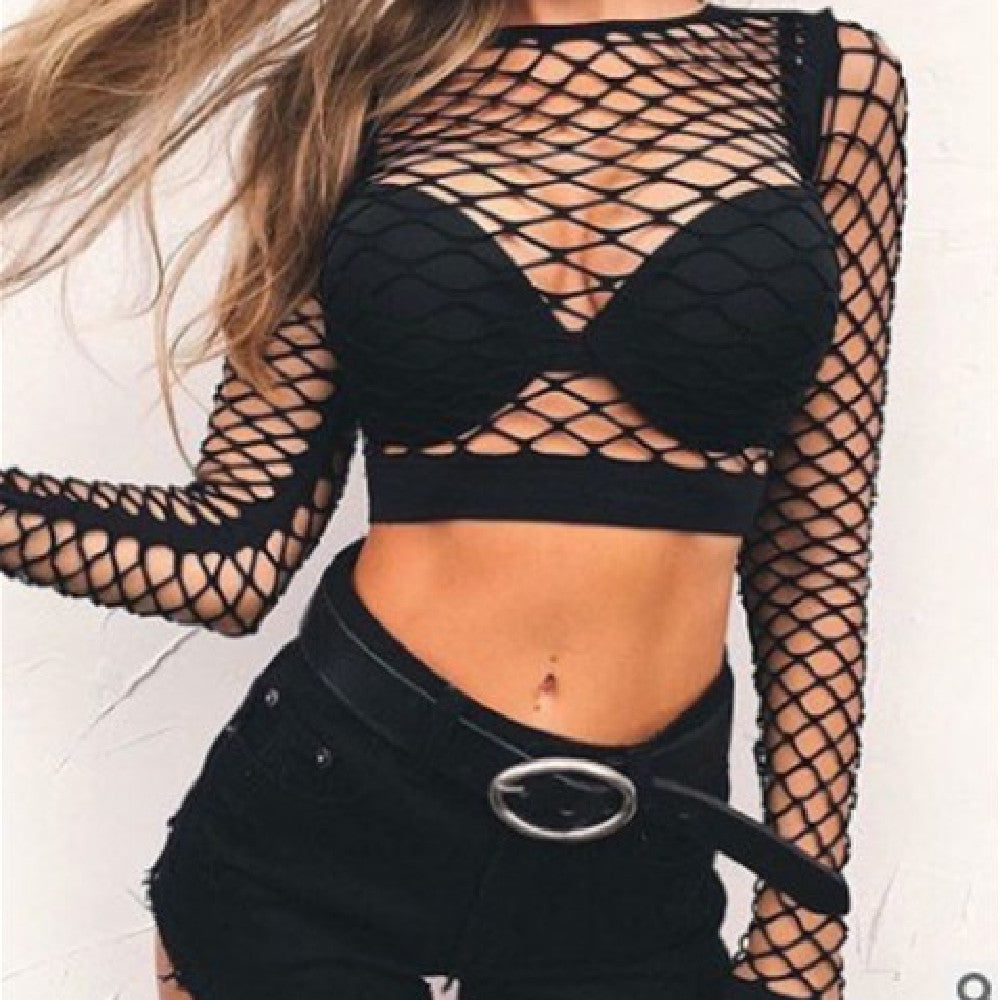 Fit High Waist Hollow-out See-through Fishnet Navel T-shirt Wear Women - Hiccupzz