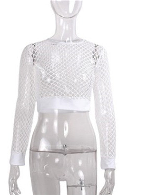 Fit High Waist Hollow-out See-through Fishnet Navel T-shirt Wear Women - Hiccupzz