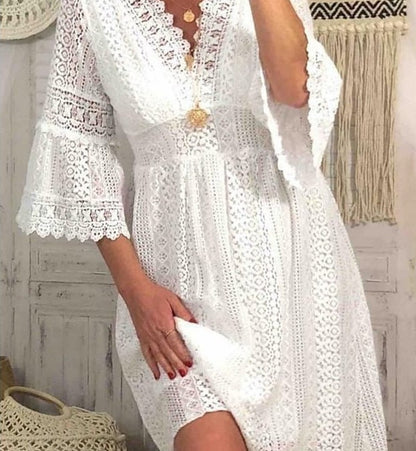 Decorative Border Lace Dress V Neck - Hiccupzz