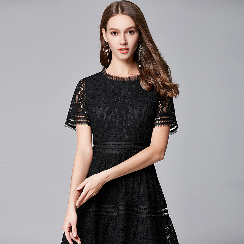 Women's Short-sleeved Lace Dress Women's Mid-length Waist Collection A-line Skirt