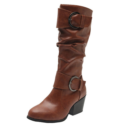 Western Cowboy Boots Women Buckle Chunky Mid Heel Shoes - Hiccupzz