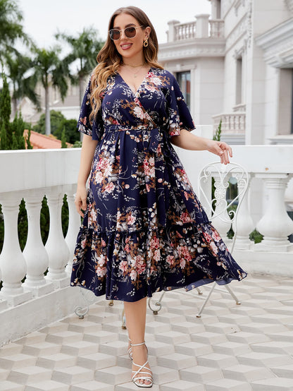 Plus Size Floral Surplice Neck Midi Dress - Hiccupzz
