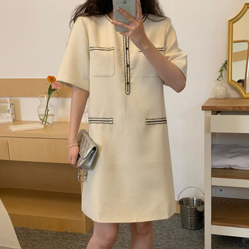 Contrast Woven Trim Loose Short Sleeve Dress