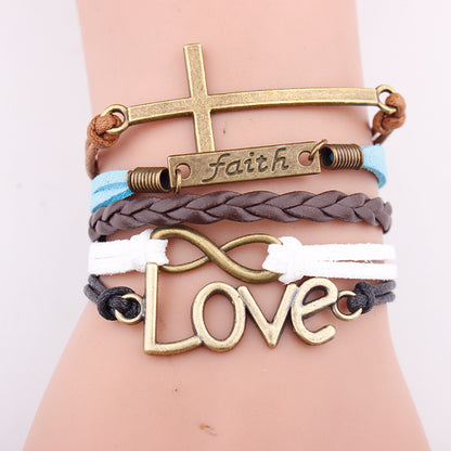 European and American bracelets love pendant fashion faith letter jewelry multi-layer woven leather rope bracelet bracelet - Hiccupzz