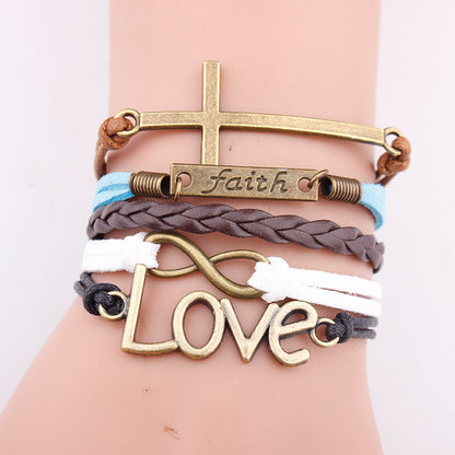 European and American bracelets love pendant fashion faith letter jewelry multi-layer woven leather rope bracelet bracelet - Hiccupzz