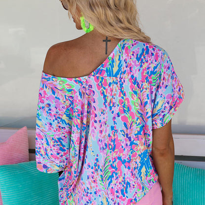 New Floral Painted T-shirt V-neck Short Sleeve Top - Hiccupzz