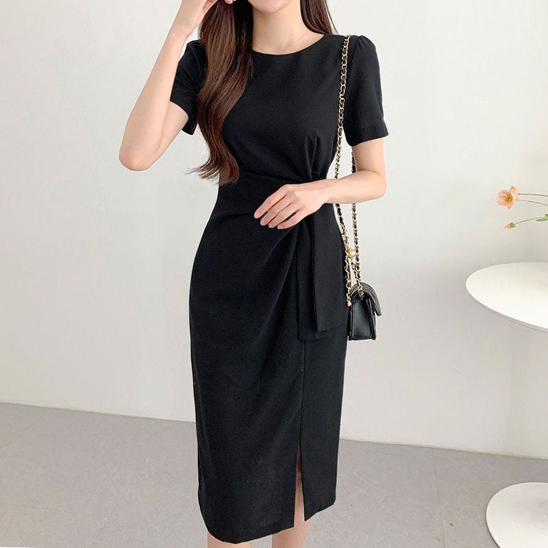 Retro Niche Round Neck Twist Tie Waist Ladies Dress