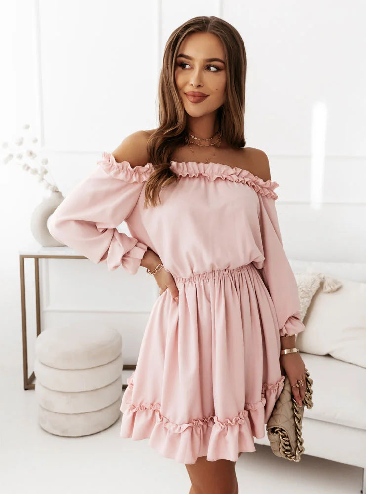 New Women's Fashion Casual Solid Color Off-shoulder Waist Dress - Hiccupzz