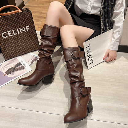 Western Cowboy Boots Women Buckle Chunky Mid Heel Shoes - Hiccupzz