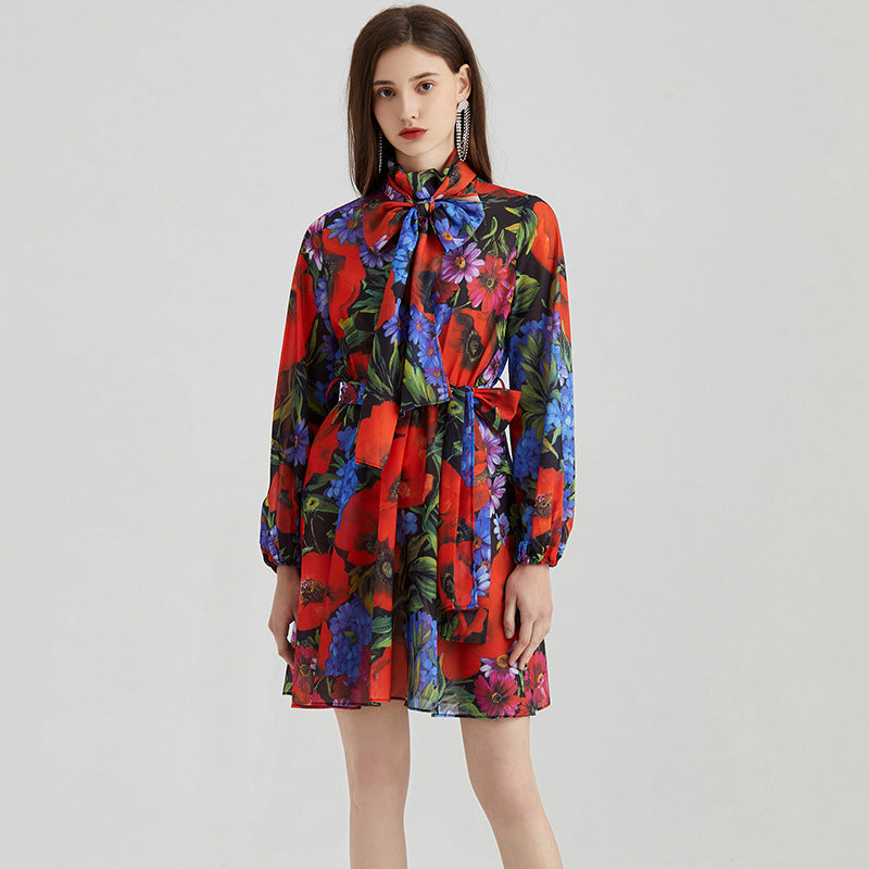 Printed Chiffon Long-sleeved Dress For Women