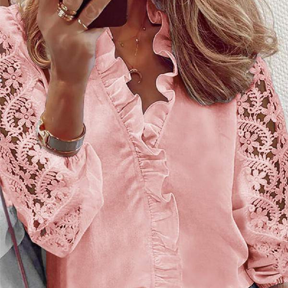 Women's Fashion V-neck Lace Solid Color Shirt - Hiccupzz