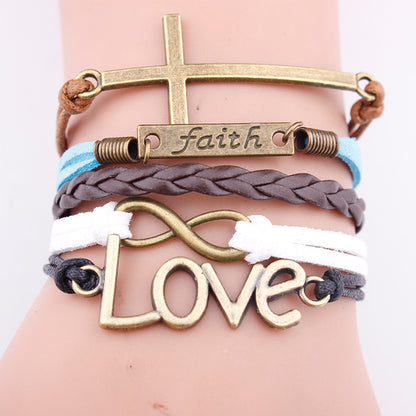 European and American bracelets love pendant fashion faith letter jewelry multi-layer woven leather rope bracelet bracelet - Hiccupzz