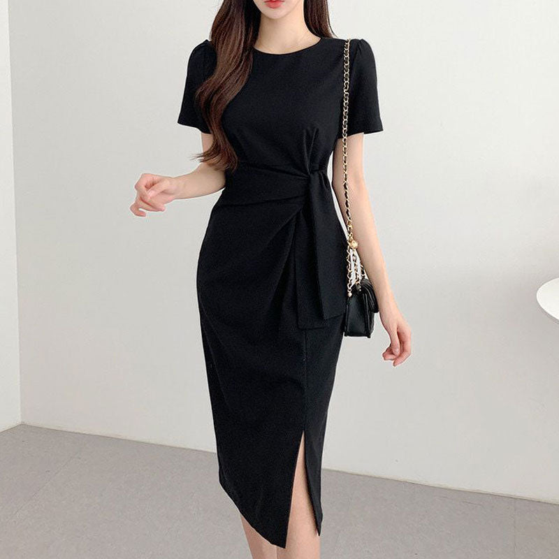 Retro Niche Round Neck Twist Tie Waist Ladies Dress