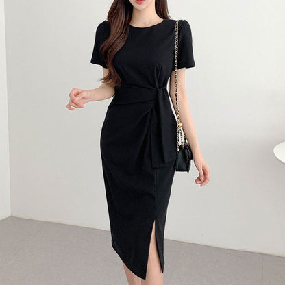 Retro Niche Round Neck Twist Tie Waist Ladies Dress - Hiccupzz
