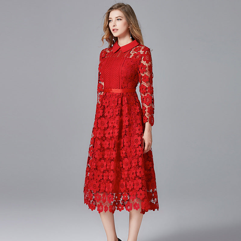 Red Skirt Women's Long-sleeved Water-soluble Lace A-line Large Size Dress - Hiccupzz