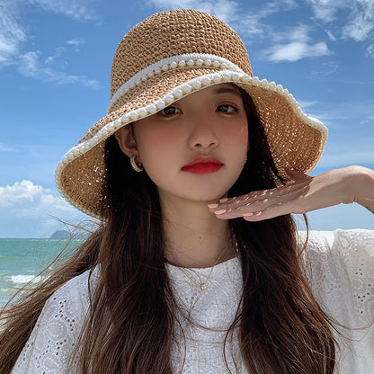 Straw Hat Female Braided Pearl Grass Braided Summer Thin Section - Hiccupzz