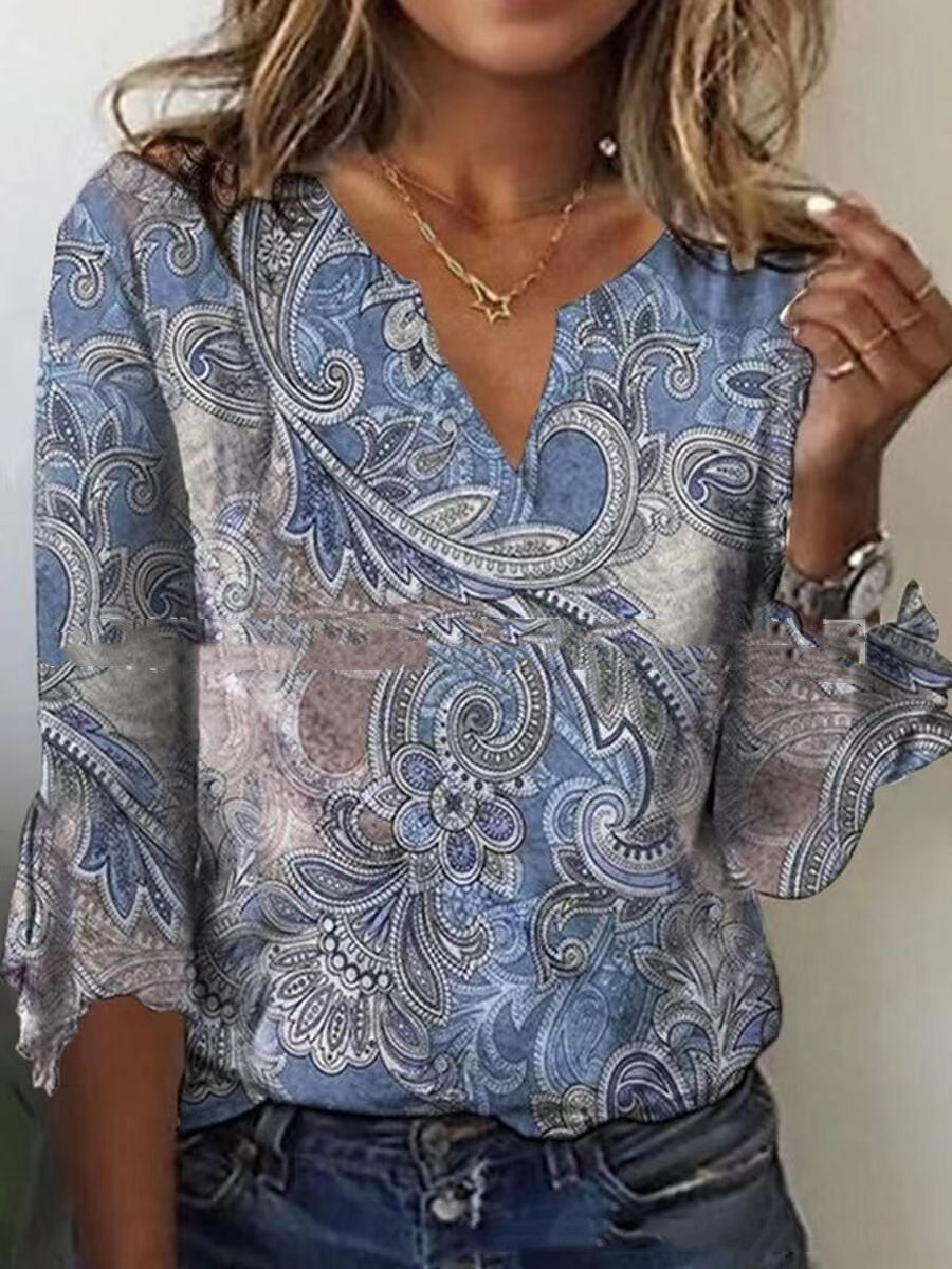 V Neck Printed Flare Sleeve T Shirt