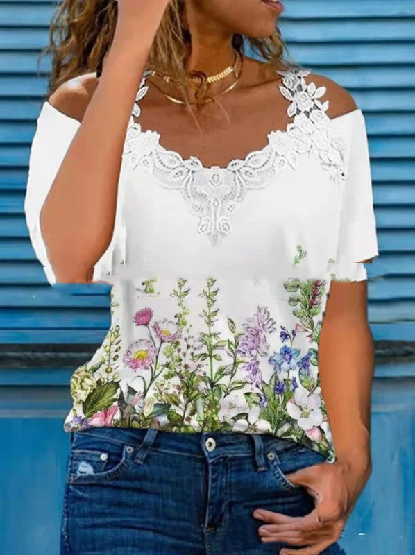 V Neck Lace Shoulder Drain Short Sleeve Casual