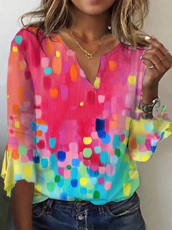 V Neck Printed Flare Sleeve T Shirt