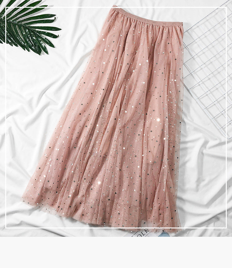 Summer New Ins Fairy High Waist Mid-length Star Moon Half-length Tulle Skirt