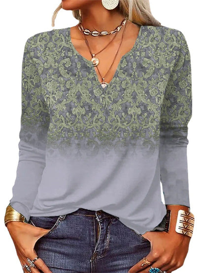 Loose Long Sleeve Floral V-Neck Ladies T-Shirt - Hiccupzz