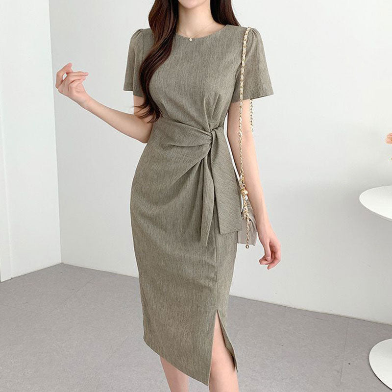 Retro Niche Round Neck Twist Tie Waist Ladies Dress