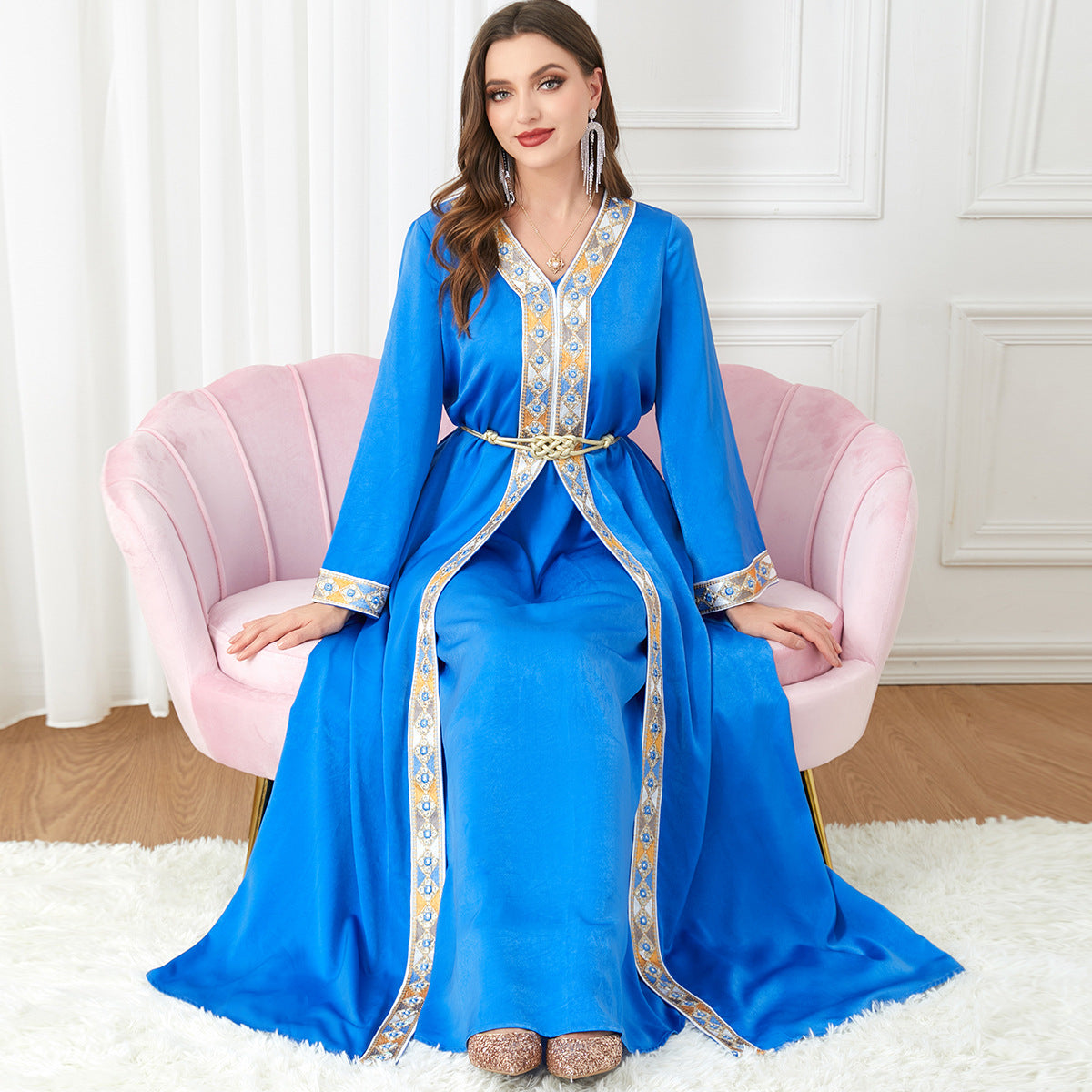 Women's Arabian Dress Slit V-neck Long-sleeved Two-piece