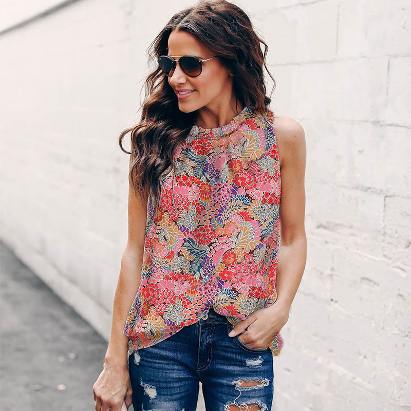 Floral Print Pullover Vest For Women Summer Amazon Round Neck Sleeveless Ruffle Top Women - Hiccupzz