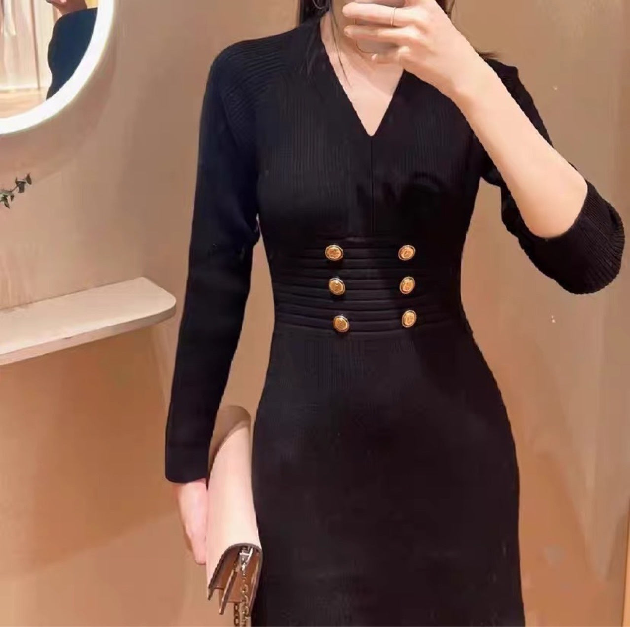 Women's Fashion Retro Skinny V-neck Dress