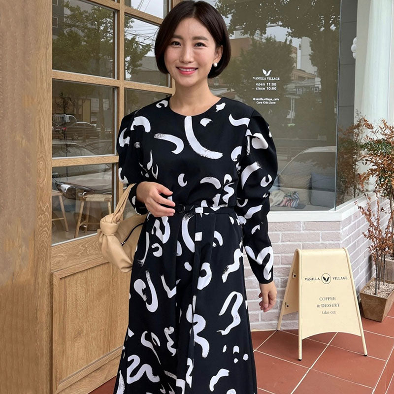 Women's Fashion Temperament Round Neck Hand-painted Ink Print Bubble Sleeve Dress