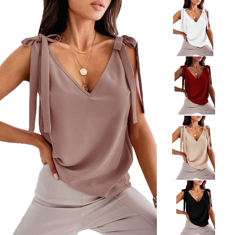 Bowknot Tie Up Camisole V-neck Shirts Women Summer Sleeveless Tank Tops - Hiccupzz