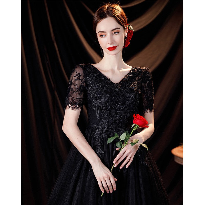 Elegant Black Deep V-neck Evening Long-sleeve Wedding Dress - Hiccupzz