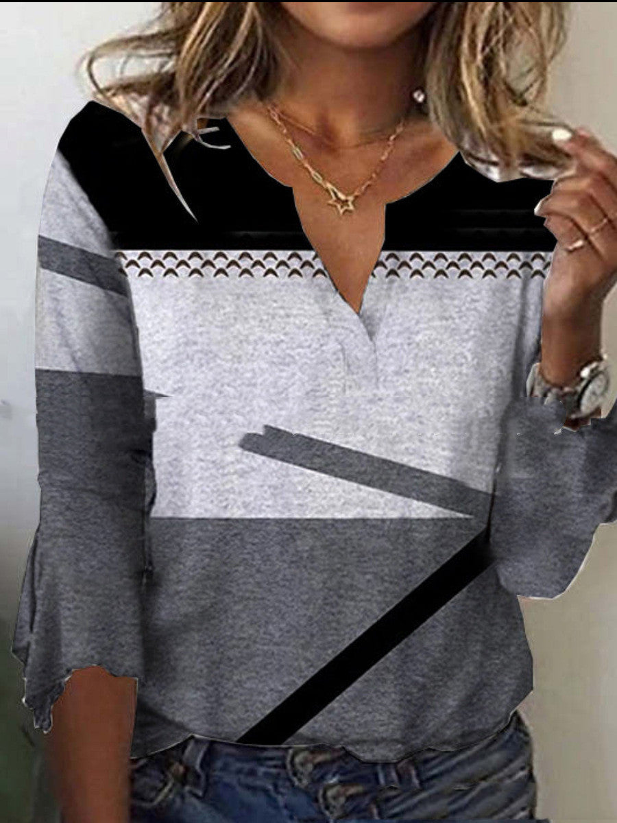 V Neck Printed Flare Sleeve T Shirt