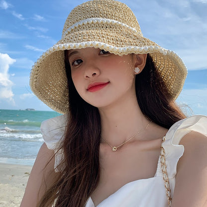 Straw Hat Female Braided Pearl Grass Braided Summer Thin Section - Hiccupzz