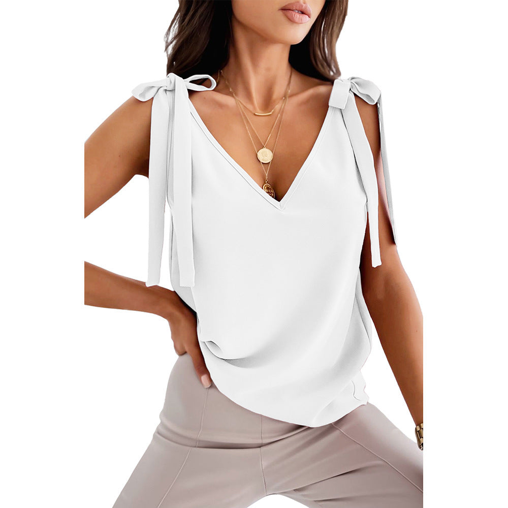 Bowknot Tie Up Camisole V-neck Shirts Women Summer Sleeveless Tank Tops - Hiccupzz