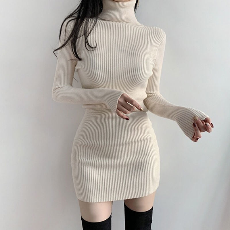 Vestido de punto estilo coreano temperamento cuello alto falda a la cadera