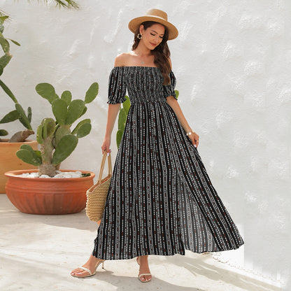Spring And Summer New Vertical Stripes Floral Print Slit Waist Dress - Hiccupzz
