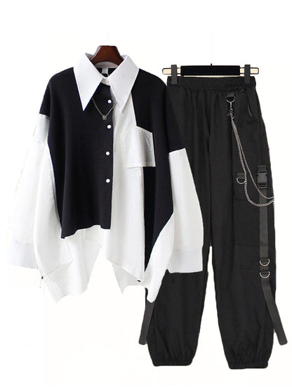 Two Piece Loose Design Patchwork Shirt Cargo Pants - Hiccupzz